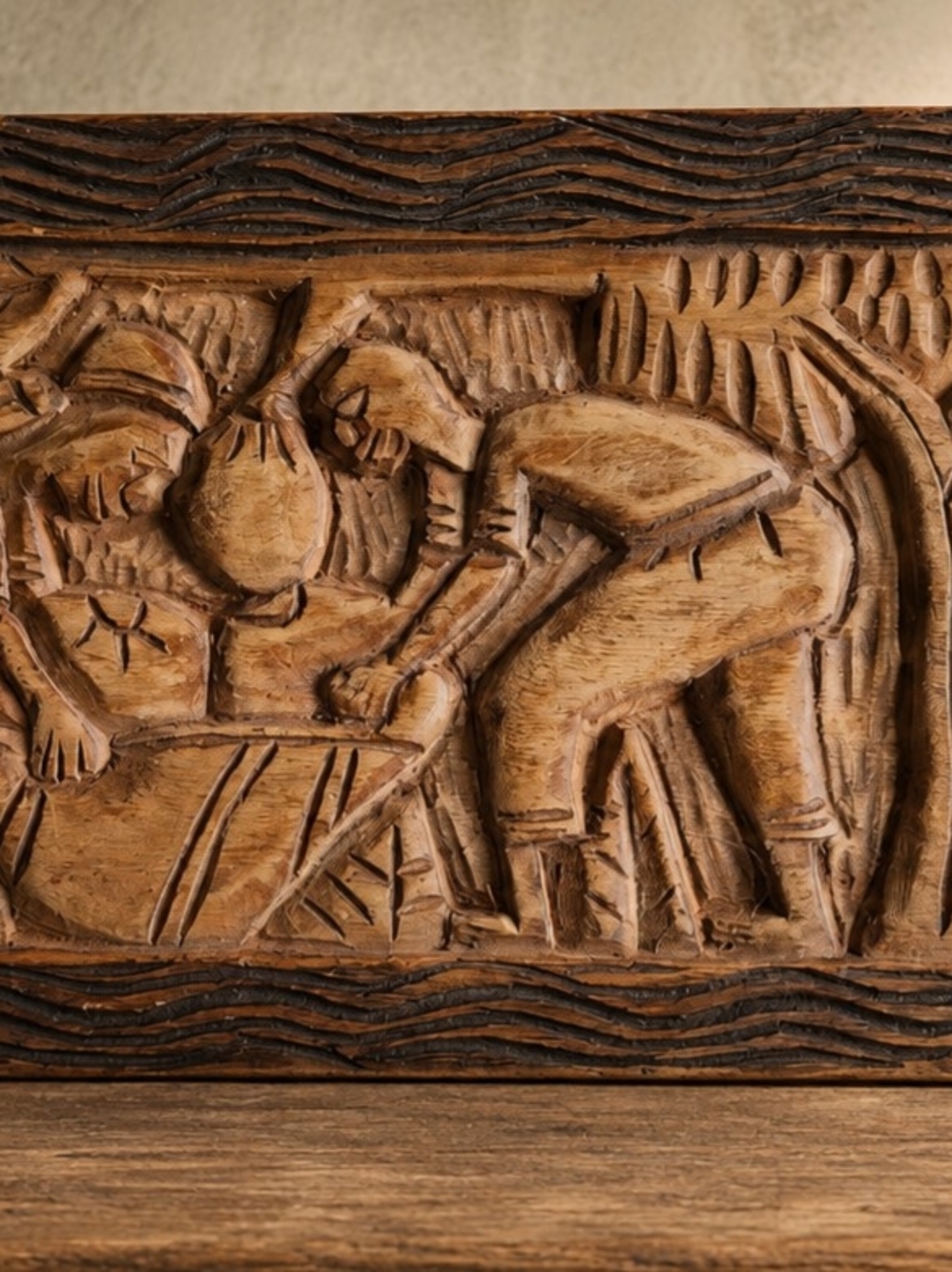 Vintage African Village Scene Hand-Carved Wooden Plaque 16 X 8